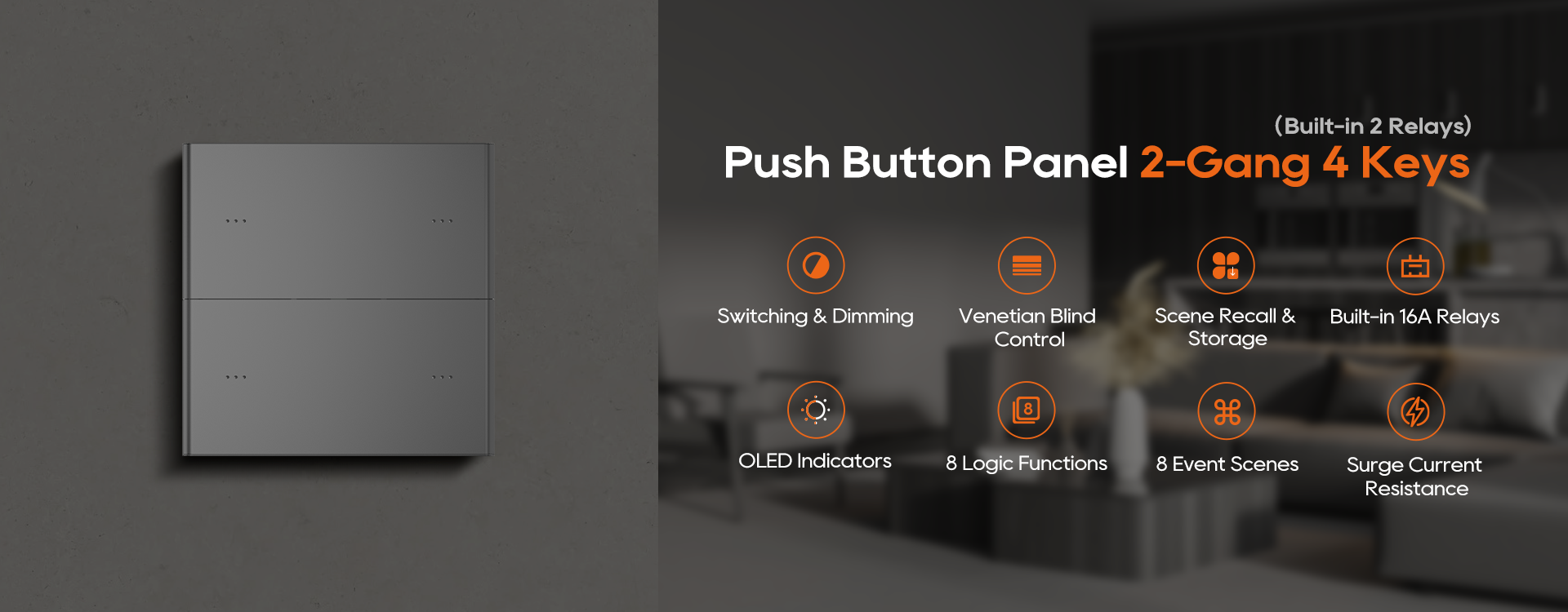 2-Gang 4-Button Push Button Panel with Built-in 2 Relays Detail