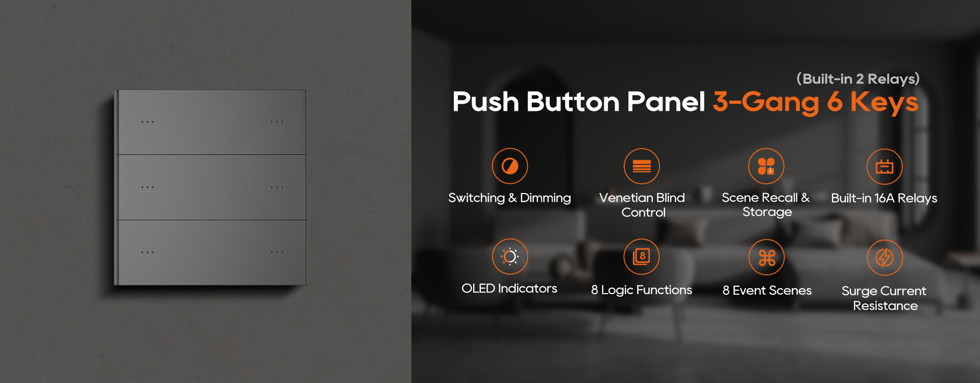 3-Gang 6-Button Push Button Panel with Built-in 2 Relays Detail