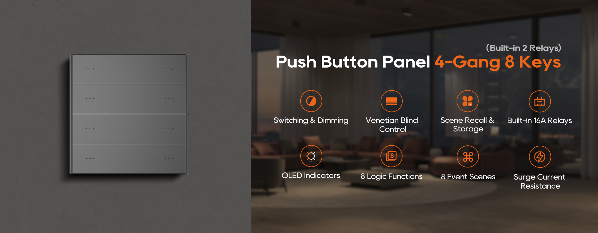 4-Gang 8-Button Push Button Panel with Built-in 2 Relays Detail